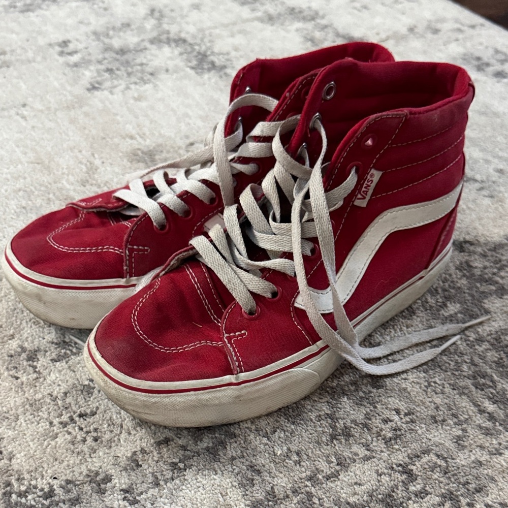 Vans Red and White High Top Canvas Sneakers